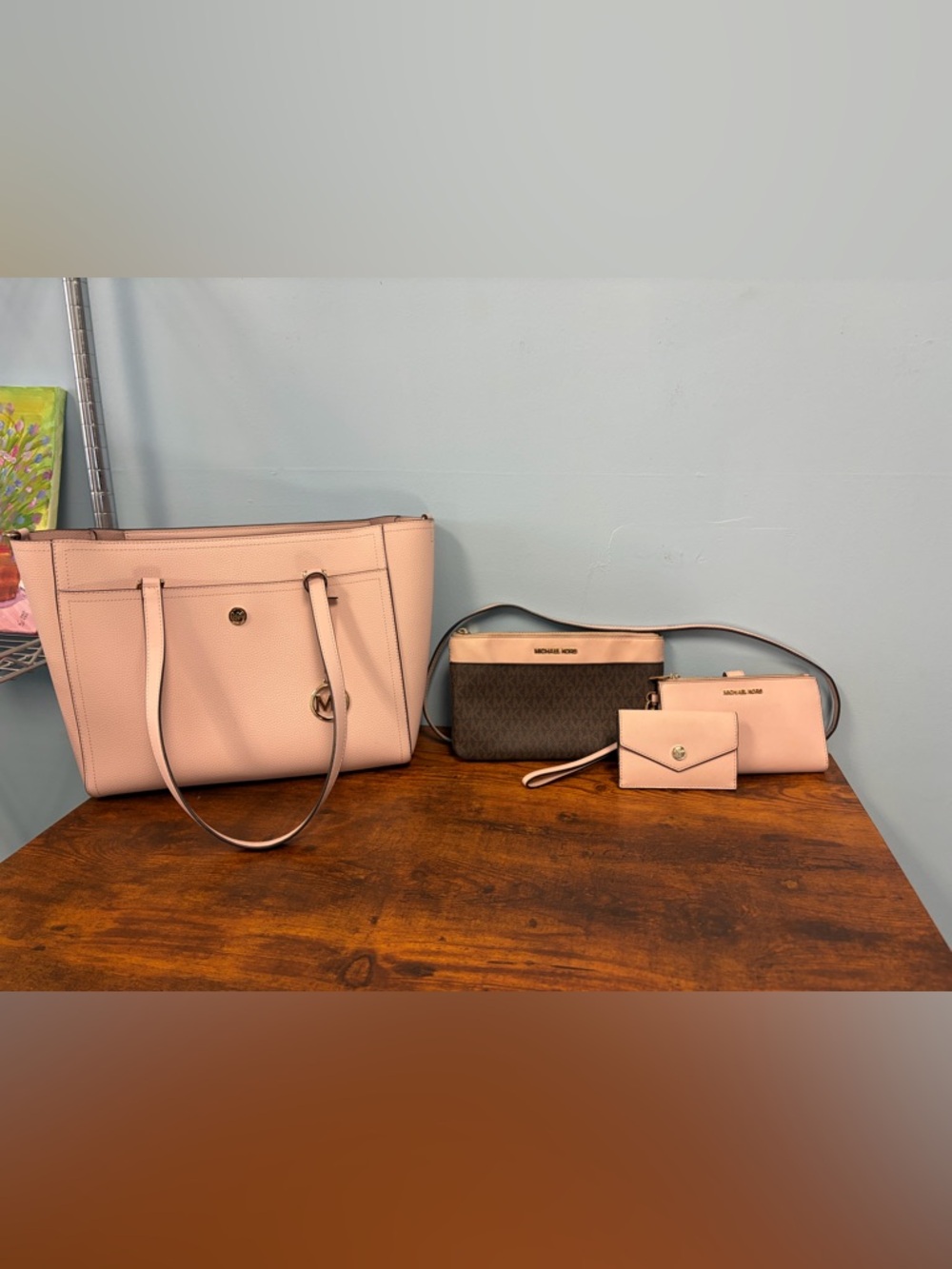 Michael Kors Blush Pink Tote, Brown Logo Crossbody & Card Case Set